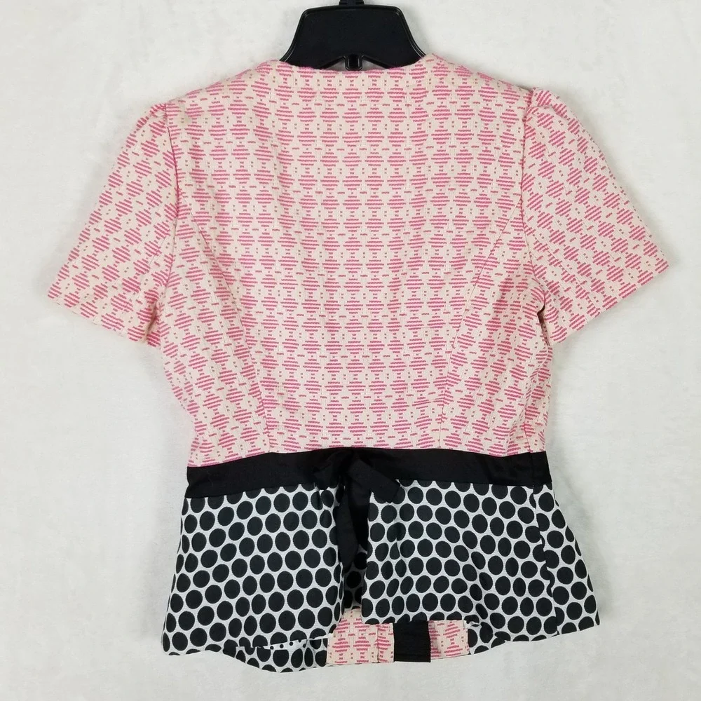 Anthropologie Elevenses Peplum Jacket Women 2 Pink Black Polka Dot Short Sleeve